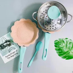 Bộ Nồi Chảo Chế Biến Món Ăn Dặm Hình Hoa Cao Cấp - Nồi Chống Dính 6 Lớp Nhập Nhật, Tặng Thìa Silicon cho Bé