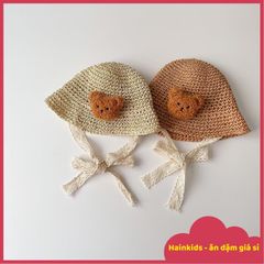 Mũ Nón Cói Mềm, Dáng Bucket Phong Cách Hàn Quốc, Đính Gấu Bông Xù Dễ Thương, Có Dây Cột Chất Liệu Ren Điệu Đà Cho Bé Yêu