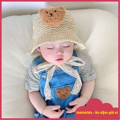 Mũ Nón Cói Mềm, Dáng Bucket Phong Cách Hàn Quốc, Đính Gấu Bông Xù Dễ Thương, Có Dây Cột Chất Liệu Ren Điệu Đà Cho Bé Yêu