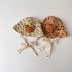 Mũ Nón Cói Mềm, Dáng Bucket Phong Cách Hàn Quốc, Đính Gấu Bông Xù Dễ Thương, Có Dây Cột Chất Liệu Ren Điệu Đà Cho Bé Yêu