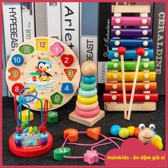 Bộ Đồ Chơi Gỗ Montessori 6 Món – Đàn, Tháp Chồng, Sâu Gỗ, Luồn Hạt, Đồng Hồ Gỗ Giúp Bé Phát Triển Giác Quan Và Kỹ Năng Tư Duy