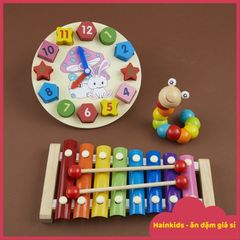 Bộ Đồ Chơi Gỗ Montessori 6 Món – Đàn, Tháp Chồng, Sâu Gỗ, Luồn Hạt, Đồng Hồ Gỗ Giúp Bé Phát Triển Giác Quan Và Kỹ Năng Tư Duy