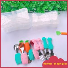 Bộ Thìa Nĩa Inox Cao Cấp Cho Bé Tập Xúc An Toàn - Tay Cầm Silicone Chống Trượt, Kèm Hộp Đựng Vệ Sinh Hình Đáng Yêu