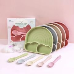 Khay Cầu Vồng Silicon Chia Ngăn Misan Kèm Thìa Hít Chống Đổ - Khay Ăn Dặm BLW Cho Bé An Toàn, Thông Minh, Tiện Lợi