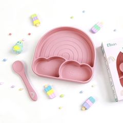 Khay Cầu Vồng Silicon Chia Ngăn Misan Kèm Thìa Hít Chống Đổ - Khay Ăn Dặm BLW Cho Bé An Toàn, Thông Minh, Tiện Lợi