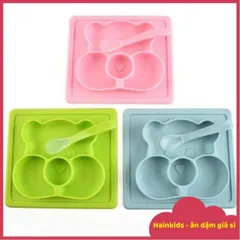 Khay ăn Dặm Silicon Hút Chân Không Hình Gấu Kèm Thìa, Khay ăn Dặm BLW Có đế Hít Siêu To, Chống đổ, Chống Lật Tuyệt đố
