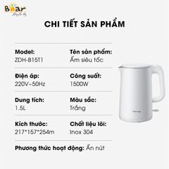 Ấm/ Bình Đun Siêu Tốc Bear ZDH-B15T1 dung tích 1.5 lít, công suất 1500W