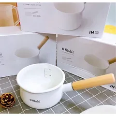 Nồi Sứ Modui Size 16cm (Không Nắp), Quánh Bột Chế Biến Đồ Ăn Dặm Cho Bé, Nồi Chia Vạch Định Lượng, Cán Gỗ Chống Phỏng