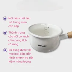 Nồi Sứ Modui Size 16cm (Không Nắp), Quánh Bột Chế Biến Đồ Ăn Dặm Cho Bé, Nồi Chia Vạch Định Lượng, Cán Gỗ Chống Phỏng