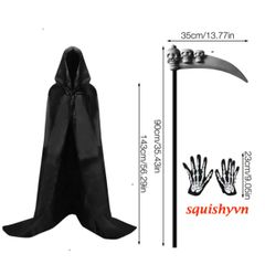 Bộ Trang Phục Thần Chết Kinh Dị Halloween - Bộ 3 Miếng với Áo Choàng, Găng Tay & Mũ Trùm Đầu Cho Tiệc Hóa Trang, Cosplay, Trick or Treat