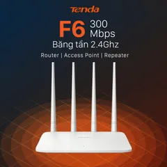 Bộ phát sóng WiFi Tenda F6 Chuẩn N 300Mbps - Thiết kế 4 ăng-ten mạnh mẽ, ổn định cho gia đình và căn hộ nhỏ, hỗ trợ Repeater và hẹn giờ thông minh.