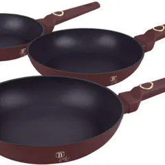 Bộ 3 Chảo Berlinger Haus BH/8048 - Chảo Bếp Từ Đỏ Mận Đường Kính 20-24-28cm Thoải Mái, Đa Năng, Dễ Sử Dụng Cho Mọi Loại Bếp