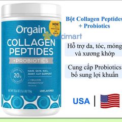 Bột Collagen Peptides Probiotics Orgain 726g - Tăng cường sức khỏe da, tóc, móng và khớp, không hương vị, 100% từ cỏ