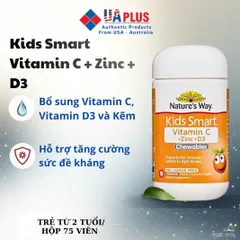 Viên Nén Nhai Nature’s Way Kids Smart Vitamin C + Kẽm + D3 75 viên - Hỗ Trợ Tăng Cường Sức Đề Kháng cho Trẻ Em Từ 2 Tuổi