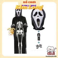 Bộ Trang Phục Halloween 3 Món: Áo Choàng Nón, Găng Tay và Mặt Nạ Hình Bộ Xương Cho Trẻ Em & Người Lớn - Thời Trang Hóa Trang Ma Quái