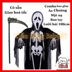 Bộ trang phục Halloween Thần Chết - Áo choàng, Mặt nạ, Lưỡi hái và Găng tay - Thế giới ma quái cho bữa tiệc hóa trang