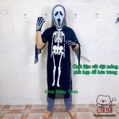 Bộ Trang Phục Halloween Xương Ma Quái - Áo Xương, Mặt Nạ Ma, Găng Tay Xương - Hóa Trang Độc Đáo Nhiều Kích Thước