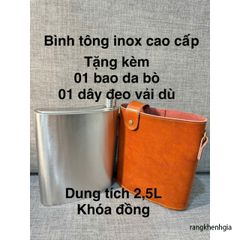 Bình Tông Inox 0.8ly Cao Cấp – Bình Đựng Nước và Rượu Với Bao Da Bò Thật, Khóa Đồng Sang Trọng, Chất Liệu Inox 304