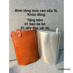 Bình Tông Inox 0.8ly Cao Cấp – Bình Đựng Nước và Rượu Với Bao Da Bò Thật, Khóa Đồng Sang Trọng, Chất Liệu Inox 304