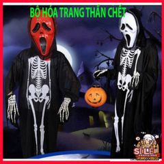 Bộ Trang Phục Halloween Thần Chết - Áo Hình Xương, Găng Tay và Mặt Nạ Ma Quái Chất Liệu Thun Mỏng Cho Tiệc Hóa Trang