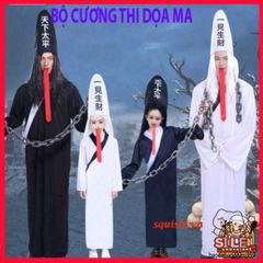 Bộ Trang Phục Hắc Bạch Vô Thường Halloween - Áo Choàng Thần Chết Kinh Dị Với Găng Tay Phong Cách Xương và Kính LED Đỏ