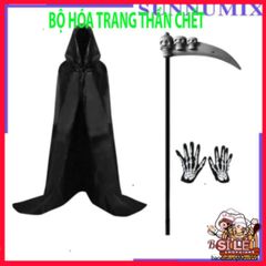 Bộ trang phục Thần Chết Halloween 4 món - Áo choàng, mặt nạ, găng tay xương - Đồ hóa trang độc đáo cho bữa tiệc hóa trang