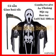 Bộ Trang Phục Thần Chết Halloween - Áo Choàng, Mặt Nạ, Lưỡi Hái, Găng Tay Xương Ma Quỷ cho Trẻ Em - Đồ Hóa Trang Thú Vị