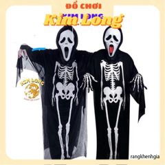 Set Áo Choàng Bộ Xương 3 Món có Nón Găng Tay Mặt Nạ - Trang Phục Hóa Trang Halloween cho Trẻ Em và Người Lớn