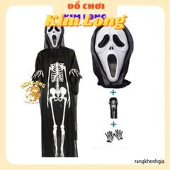 Set Áo Choàng Bộ Xương 3 Món có Nón Găng Tay Mặt Nạ - Trang Phục Hóa Trang Halloween cho Trẻ Em và Người Lớn