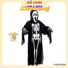 Set Áo Choàng Bộ Xương 3 Món có Nón Găng Tay Mặt Nạ - Trang Phục Hóa Trang Halloween cho Trẻ Em và Người Lớn