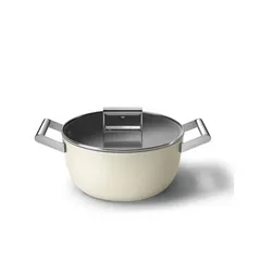 Nồi Casserole SMEG CSF2412CRM 24cm Màu Kem - Nhôm Đúc Chống Dính, Nắp Kính Cường Lực, Dùng Cho Bếp Gas và Bếp Từ, Sang Trọng  امن