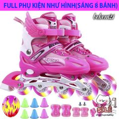 Giày Trượt Patin QF Thế Hệ Mới Điều Chỉnh Kích Thước 8 Bánh Phát Sáng - Kèm Bộ 13-20 Món Bảo Hộ Cho Trẻ Em và Người Lớn