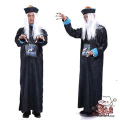 Set Trang Phục Cương Thi Halloween - Bộ Đồ Cosplay Đen Cho Nam, Áo Dài, Nón Đuôi Sam, Phù Hợp Cho Lễ Hội Hóa Trang