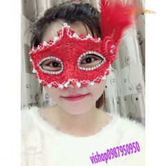 Mặt Nạ Halloween Lông Vũ Đính Đá Màu Đỏ Rực Rỡ - Phụ Kiện Dự Tiệc, Cosplay Đặc Biệt, Đạo Cụ Xinh Xắn
