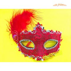 Mặt Nạ Halloween Lông Vũ Đính Đá Màu Đỏ Rực Rỡ - Phụ Kiện Dự Tiệc, Cosplay Đặc Biệt, Đạo Cụ Xinh Xắn