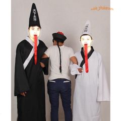 Bộ trang phục Hắc Bạch Vô Thường cho Halloween - Áo dài, mũ và lưỡi giả - Thời trang cosplay bí ẩn và hấp dẫn