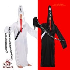 Bộ Trang Phục Hóa Trang Halloween Kinh Dị Hắc Bạch Vô Thường Dành Cho Nam Nữ - Chiếc Áo, Nón, và Phụ Kiện Halloween Thú Vị