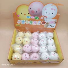 Hộp 3 chiếc bánh bao squishy mềm mại hình thỏ trắng, gấu nâu và quả đào dễ thương.