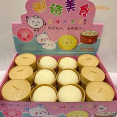 Hộp 3 chiếc bánh bao squishy mềm mại hình thỏ trắng, gấu nâu và quả đào dễ thương.