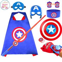 Bộ Trang Phục Captain America Cho Bé Trai - Hóa Trang Halloween & Lễ Hội Siêu Anh Hùng, Kèm Khiên, Găng Tay, Mặt Nạ LED