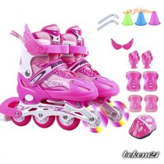 Giày Patin Đèn Flash Kèm Bảo Hộ - Giày Trượt Thể Thao Cho Trẻ Em và Người Lớn, Size S/M/L, Màu Hồng/Đỏ/Xanh