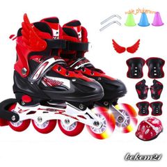 Giày Patin Đèn Flash Kèm Bảo Hộ - Giày Trượt Thể Thao Cho Trẻ Em và Người Lớn, Size S/M/L, Màu Hồng/Đỏ/Xanh