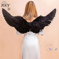 Cánh Thiên Thần Đen Lông Vũ Cho Trẻ Em & Người Lớn - Phụ Kiện Hóa Trang Halloween Độc Đáo, Kích Thước 60x35cm / 80x40cm