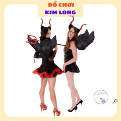 Bộ Phụ Kiện Hóa Trang Halloween - Cánh Thiên Thần Đen, Sừng Đỏ và Cây 3 Chĩa Ma Quái Cho Trang Phục Hoàn Hảo