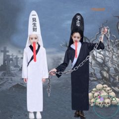 Bộ Trang Phục Halloween Bạch Vô Thường - Áo Choàng Đen, Mũ Đuôi Sam & Kính LED Đỏ - Phù Hợp Cho Cosplay & Bữa Tiệc Hóa Trang