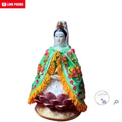 Áo choàng Quan Âm bằng nhung thêu hoa sen trúc - Thời trang thủ công độc đáo, kích thước 20cm QAK cho trang trí tượng đẹp mắt