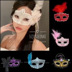 Mặt nạ Halloween lộng lẫy với lông vũ - Phụ kiện thời trang cho dạ tiệc, cosplay và lễ hội, thiết kế sang trọng, bí ẩn và quyến rũ.