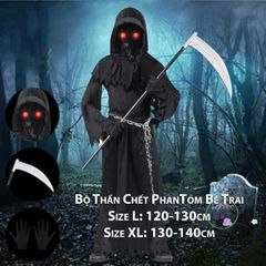 Bộ đồ hóa trang Thần Chết Phantom cho bé trai - Áo choàng, mũ và lưỡi hái Halloween, độc đáo, cho bé từ 5-10 tuổi
