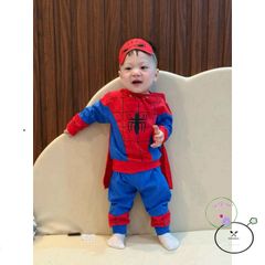 Bộ Trang Phục Người Nhện Dài Tay Cho Bé - Áo Choàng Đỏ Xanh Kèm Mặt Nạ Cotton Thời Trang Trẻ Em