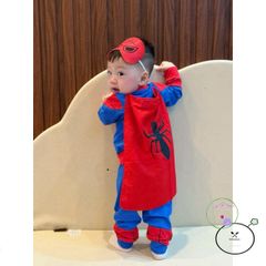 Bộ Trang Phục Người Nhện Dài Tay Cho Bé - Áo Choàng Đỏ Xanh Kèm Mặt Nạ Cotton Thời Trang Trẻ Em